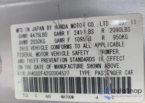 2012 Acura Tsx 2.4 from USA, damaged, VIN JH4CU2F42CC004527